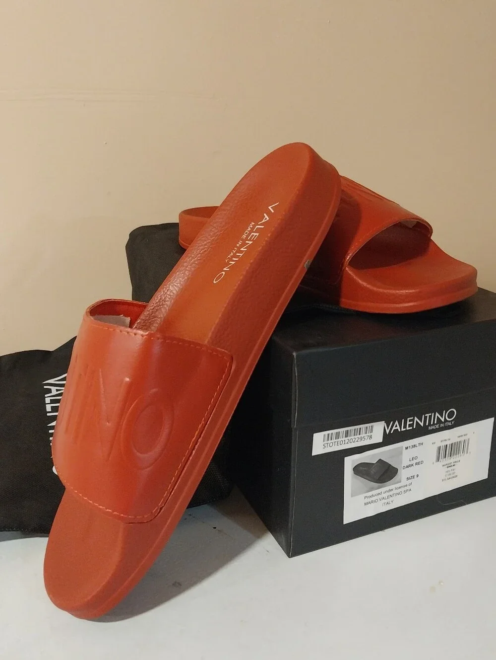 Valentino Dark Red Embossed Leather Logo Leo Slide, EU 42, M 9, EUC